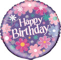 Purple round foil balloon; Pink, white, and turquoise flower patterns; 'Happy Birthday' text in white and pink; 45cm / 18 inches size; Packaged product;