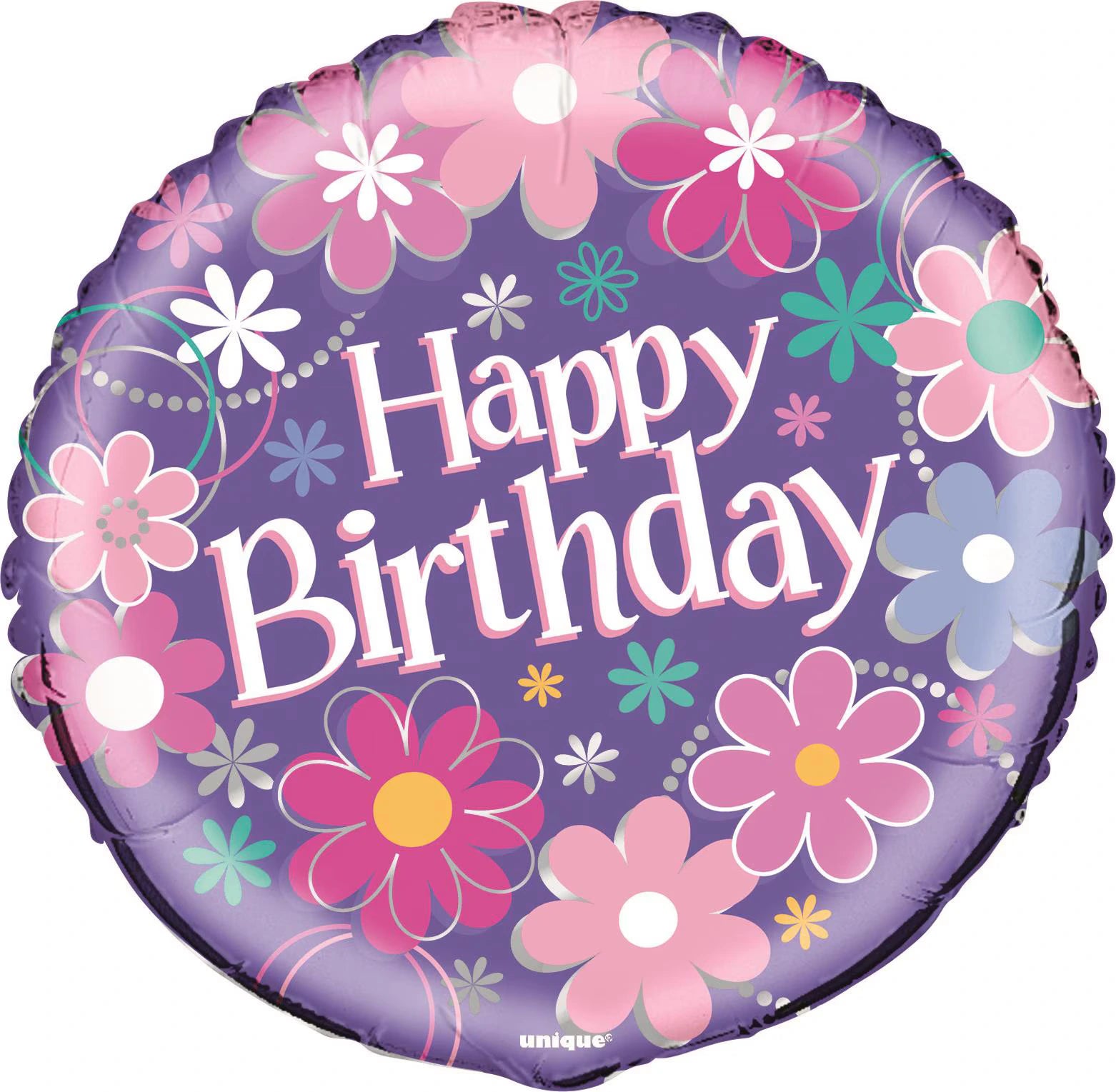 Purple round foil balloon; Pink, white, and turquoise flower patterns; 'Happy Birthday' text in white and pink; 45cm / 18 inches size; Packaged product;