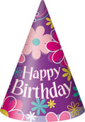 purple background with multicolour flower patterns; white Happy Birthday text; cone shape; cardboard material;
