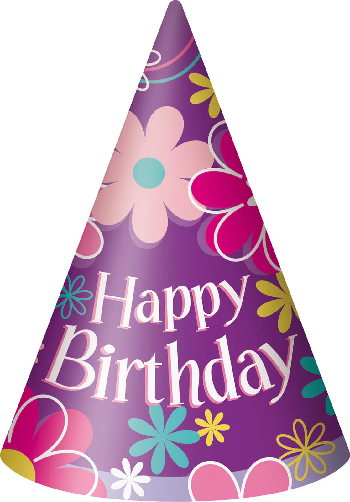purple background with multicolour flower patterns; white Happy Birthday text; cone shape; cardboard material;