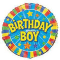Blue circular foil balloon; Multicoloured border with star patterns; Yellow text saying 'BIRTHDAY BOY'; Foil material with shiny finish;