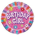 round pink foil balloon; multicoloured flower designs; "Birthday Girl" text in large letters; striped pink border around edges;