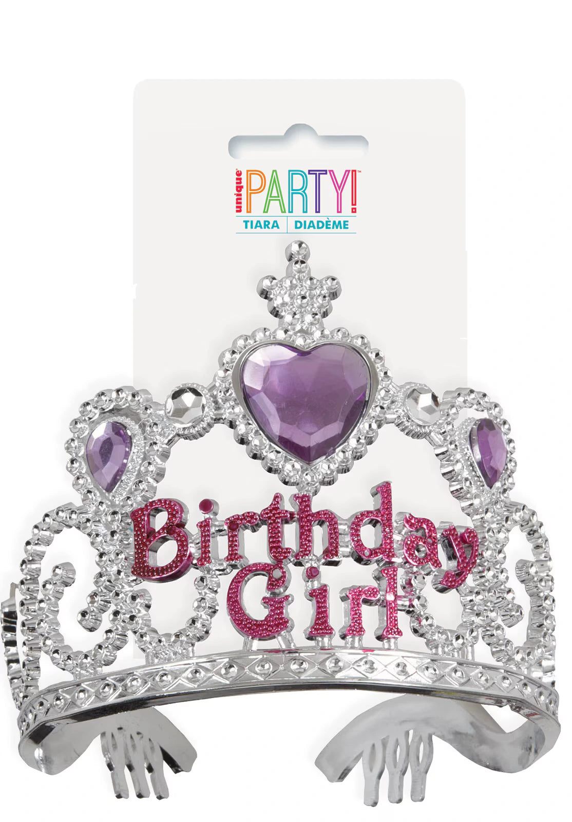 silver plastic frame; purple heart and teardrop-shaped jewels; pink glittery 'Birthday Girl' text; attached combs for secure wear;