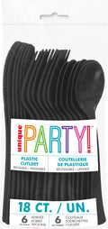 black plastic cutlery; includes knives, forks, and spoons; packaged in clear plastic with labelled paper band; solid midnight black colour; total of 18 pieces;