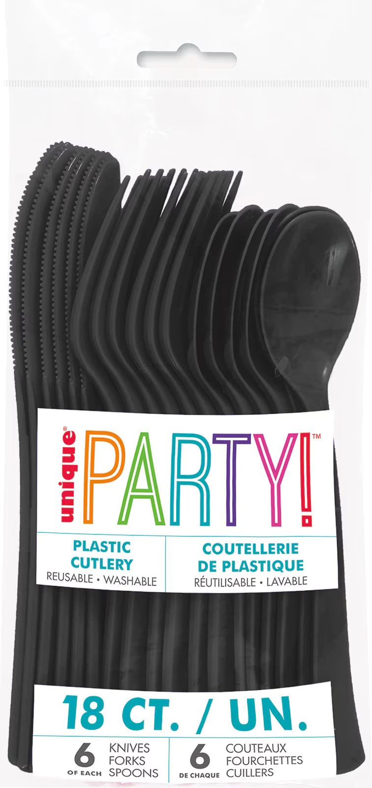 black plastic cutlery; includes knives, forks, and spoons; packaged in clear plastic with labelled paper band; solid midnight black colour; total of 18 pieces;