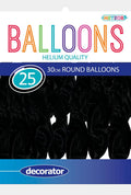 black latex balloons; 30cm round shape; pack of 25 balloons; decorator quality packaging;