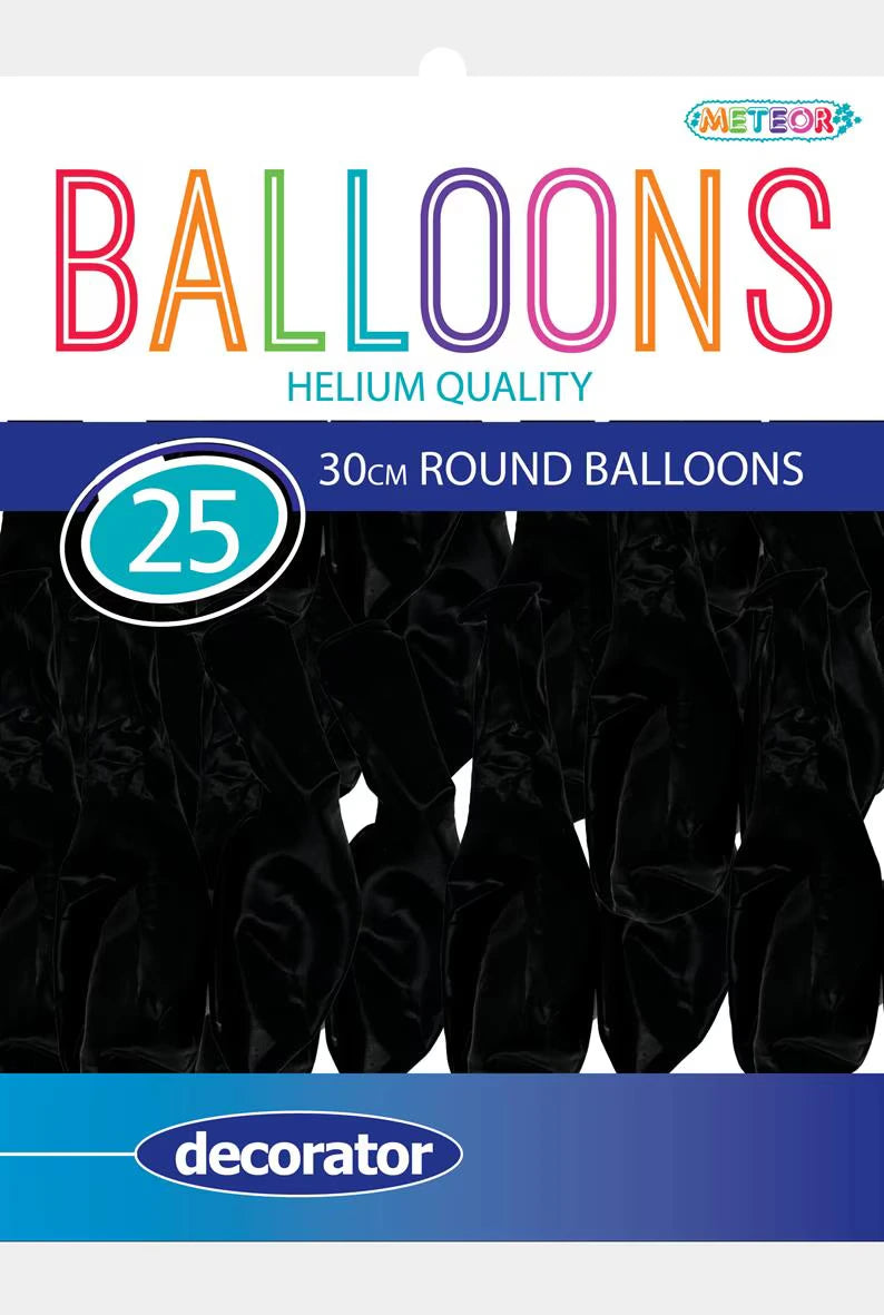 black latex balloons; 30cm round shape; pack of 25 balloons; decorator quality packaging;