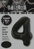 black colour; foil material; number 4 shape; 34 inch size label; packaging with instructions;