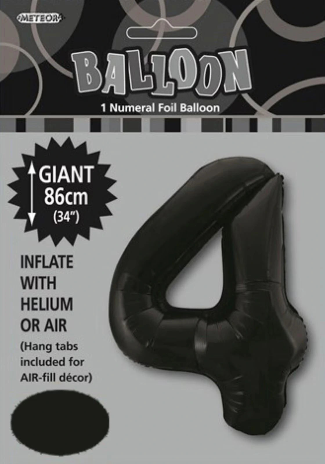 black colour; foil material; number 4 shape; 34 inch size label; packaging with instructions;