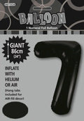 black foil balloon; number 7 shape; large 86cm size; shiny material; packaging with instructions;