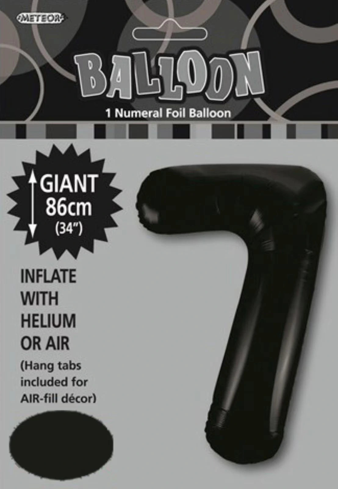 black foil balloon; number 7 shape; large 86cm size; shiny material; packaging with instructions;