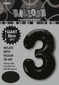 black colour; foil material; number 3 shape; packaged balloon; 86cm (34 inch) size;