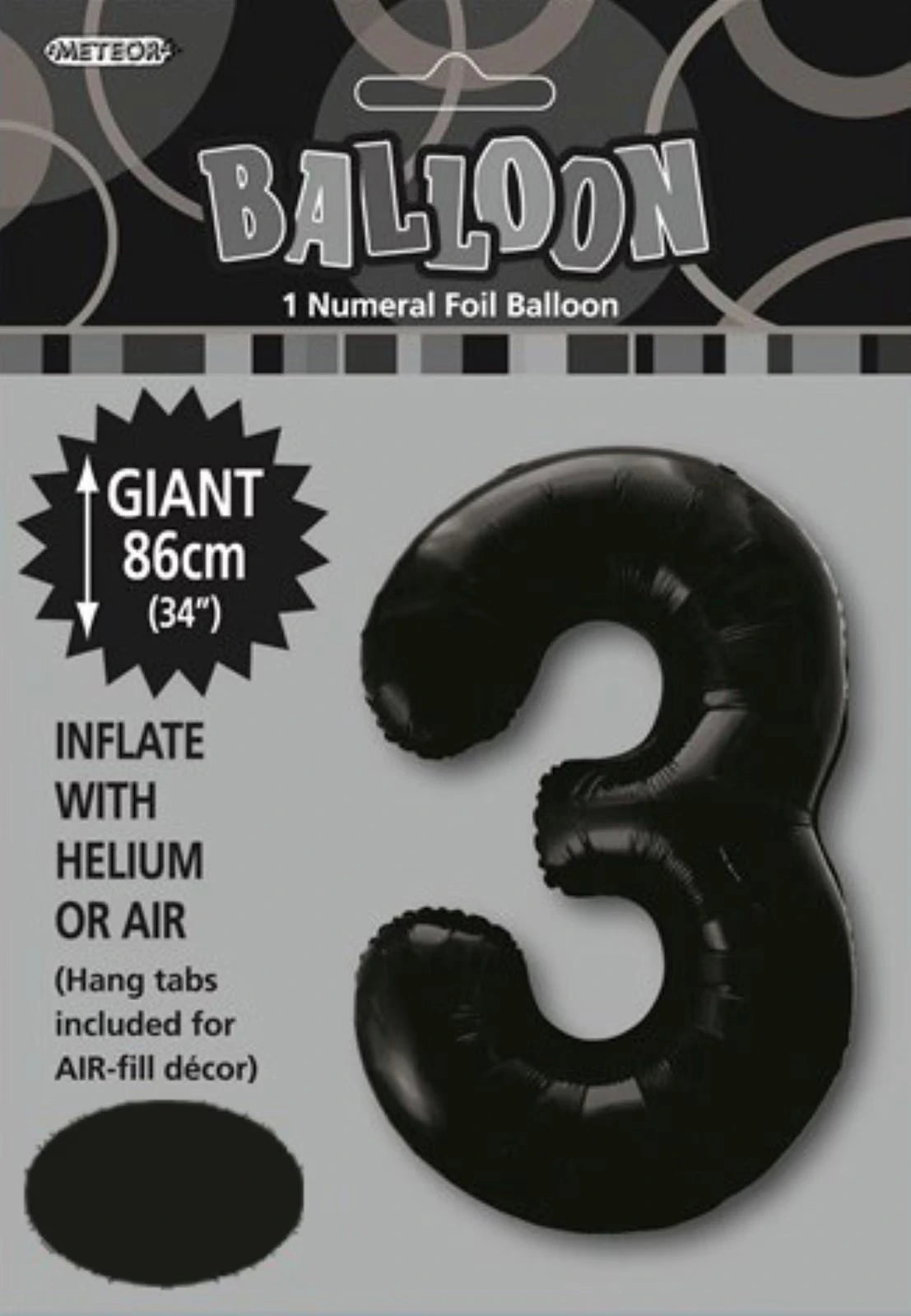 black colour; foil material; number 3 shape; packaged balloon; 86cm (34 inch) size;