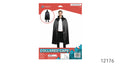 Black cape with a glossy appearance; Raised collar; Tie fastening at the neck; Packaging diagram shows a 120 cm length;