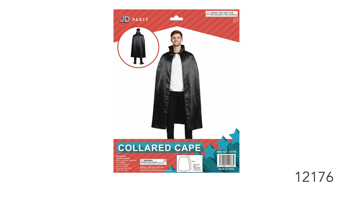 Black cape with a glossy appearance; Raised collar; Tie fastening at the neck; Packaging diagram shows a 120 cm length;