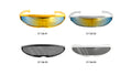 Glossy black frame; Wide, single-piece dark lens; Curved visor-style shape; Side arms visible behind the frame;