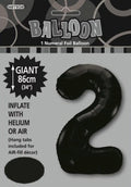 black foil balloon shaped as number 2; large size approximately 86cm (34 inches); packaged in labelled plastic wrapping; shiny foil material;