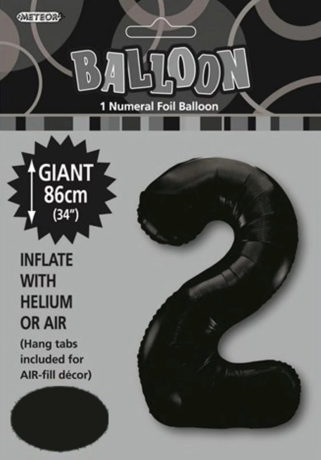 black foil balloon shaped as number 2; large size approximately 86cm (34 inches); packaged in labelled plastic wrapping; shiny foil material;