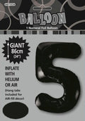 black foil balloon shaped as number 5; packaging with 'BALLOON' text; label showing 86cm (34") size; mentions inflate with helium or air; hang tabs included for decoration;
