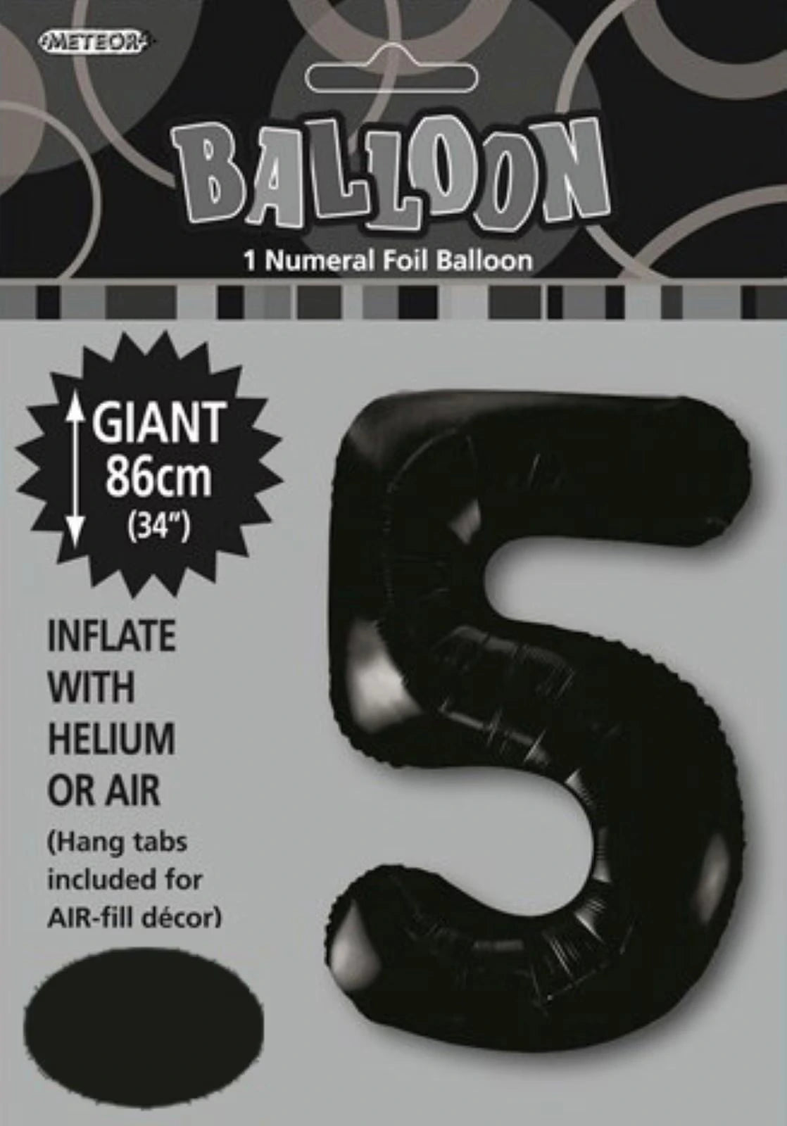 black foil balloon shaped as number 5; packaging with 'BALLOON' text; label showing 86cm (34") size; mentions inflate with helium or air; hang tabs included for decoration;