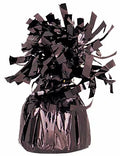black shiny foil material; fringed foil top decoration; compact, rounded base; reflective surface;