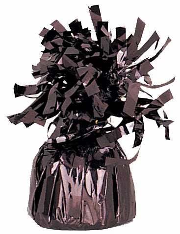 black shiny foil material; fringed foil top decoration; compact, rounded base; reflective surface;