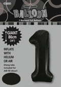 black colour; foil material; number 1 shape; 86cm tall; folded packaging with branding;