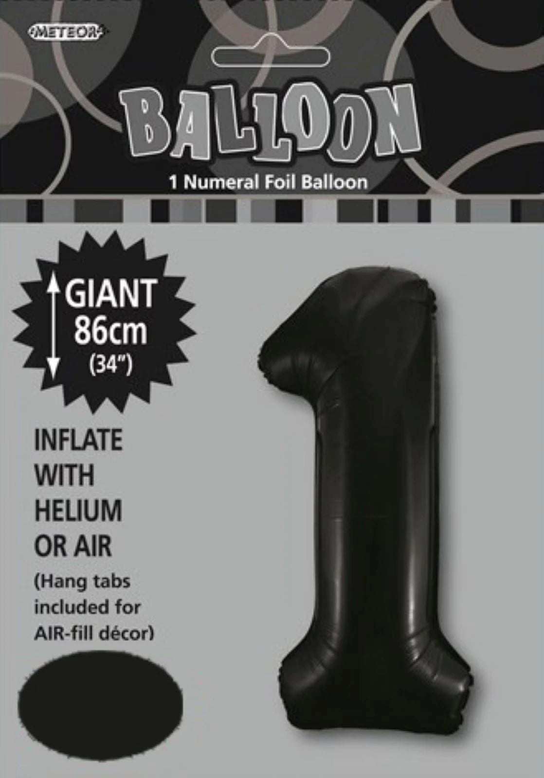 black colour; foil material; number 1 shape; 86cm tall; folded packaging with branding;