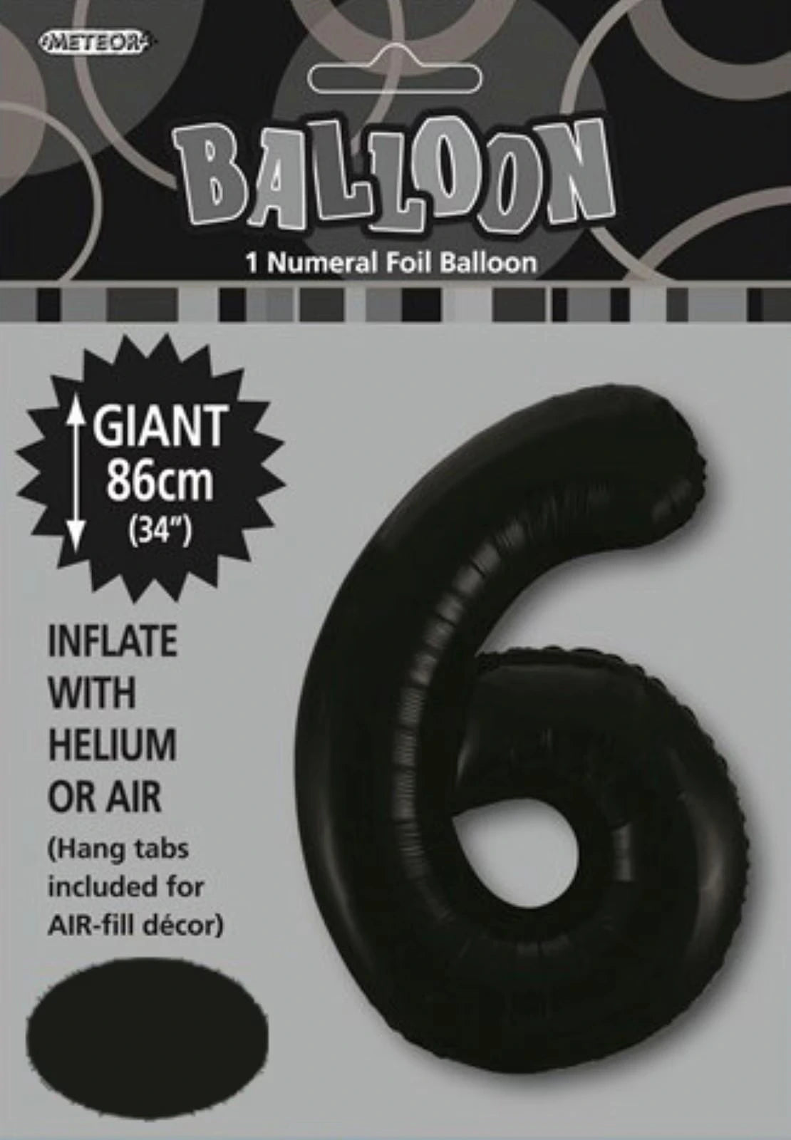 black colour; number 6 shape; foil material; giant 86cm size; packaged with header card;