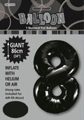 black colour; number 8 shape; foil material with shiny finish; 86cm (34 inch) height; packaging shows balloon inflated;