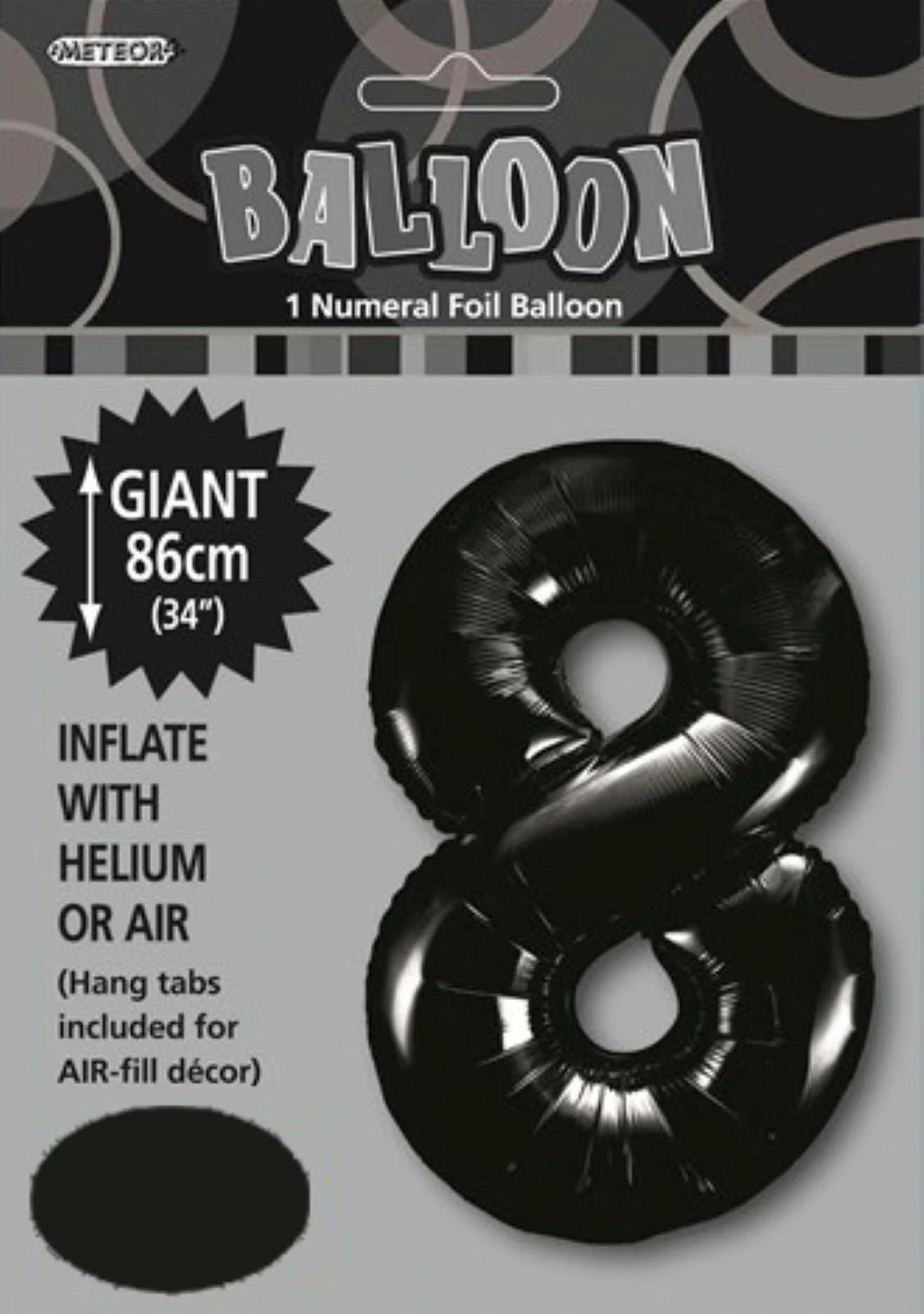 black colour; number 8 shape; foil material with shiny finish; 86cm (34 inch) height; packaging shows balloon inflated;