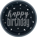 black round paper plate; silver 'happy birthday' text; silver round dots pattern; 23cm (9 inch) diameter plate;