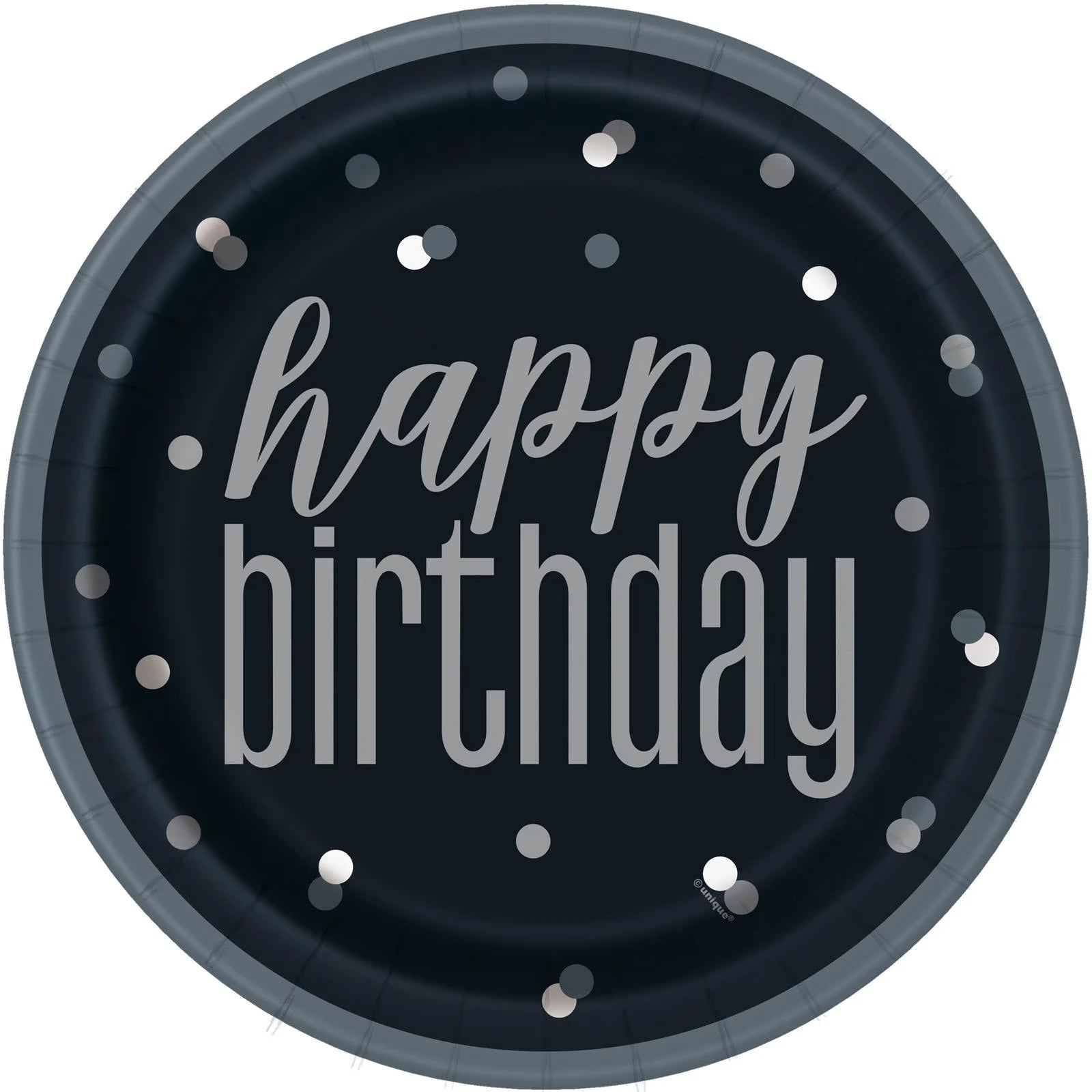 black round paper plate; silver 'happy birthday' text; silver round dots pattern; 23cm (9 inch) diameter plate;