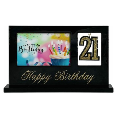 black rectangular standup frame; gold glitter '21' hanging decoration; colourful birthday cupcake image; gold 'Happy Birthday' text on frame;