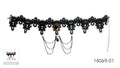 black lace material; central black faceted jewel with gold-tone setting; multiple thin black hanging chains; silver-tone adjustable clasp and chain;