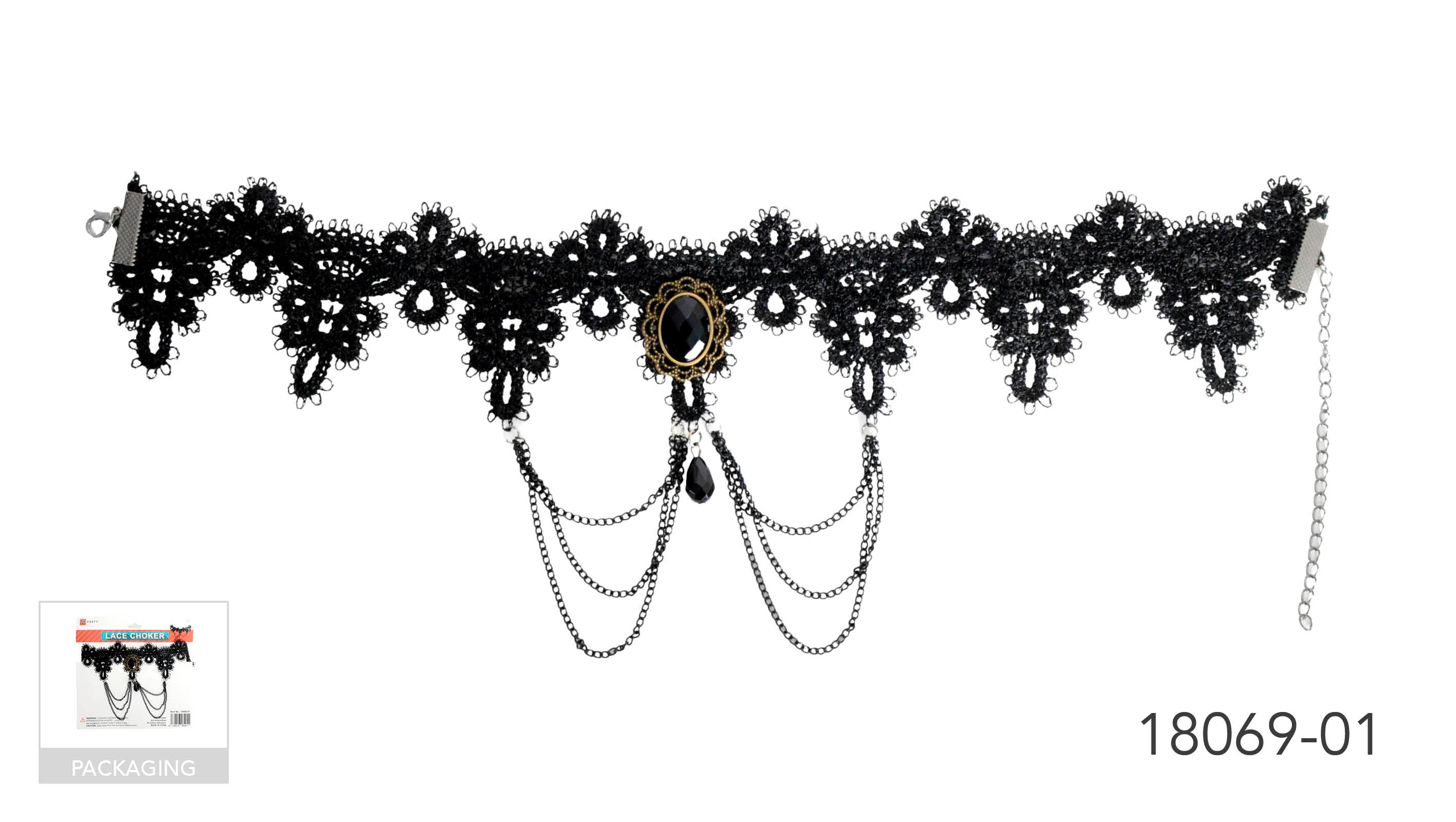 black lace material; central black faceted jewel with gold-tone setting; multiple thin black hanging chains; silver-tone adjustable clasp and chain;