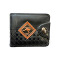 black colour wallet; woven texture on lower half; brown kangaroo patch detail; metal snap button closure; rectangular shape with rounded corners;