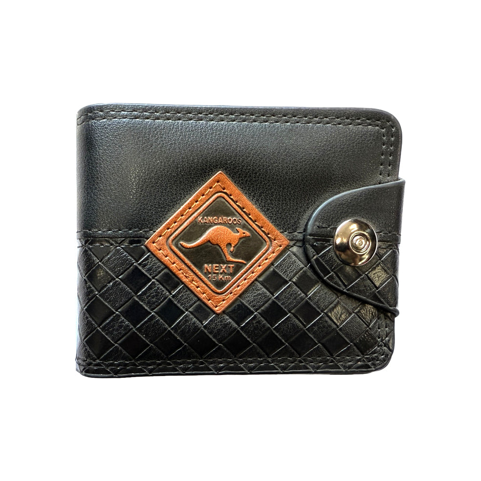 black colour wallet; woven texture on lower half; brown kangaroo patch detail; metal snap button closure; rectangular shape with rounded corners;