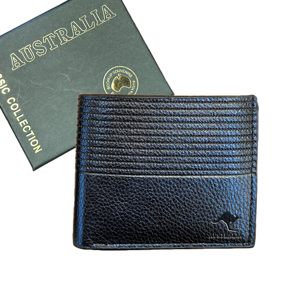 black colour; textured horizontal lines on top half; smooth textured bottom half; embossed kangaroo logo on bottom right; green packaging box with Australia text;