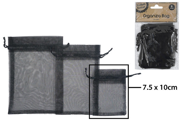 black colour organza material; 7.5 x 10 cm size; drawstring closure; pack of 6 bags;