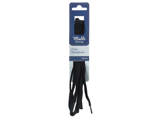 black colour; oval shape shoelaces; length 120cm indicated on packaging; packaged on blue and white card; one pair included;