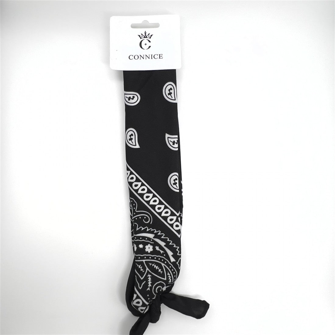 Black fabric bandana; White paisley and geometric print; Long rectangular shape; Knotted end detail; Hanging on branded CONNICE card packaging;