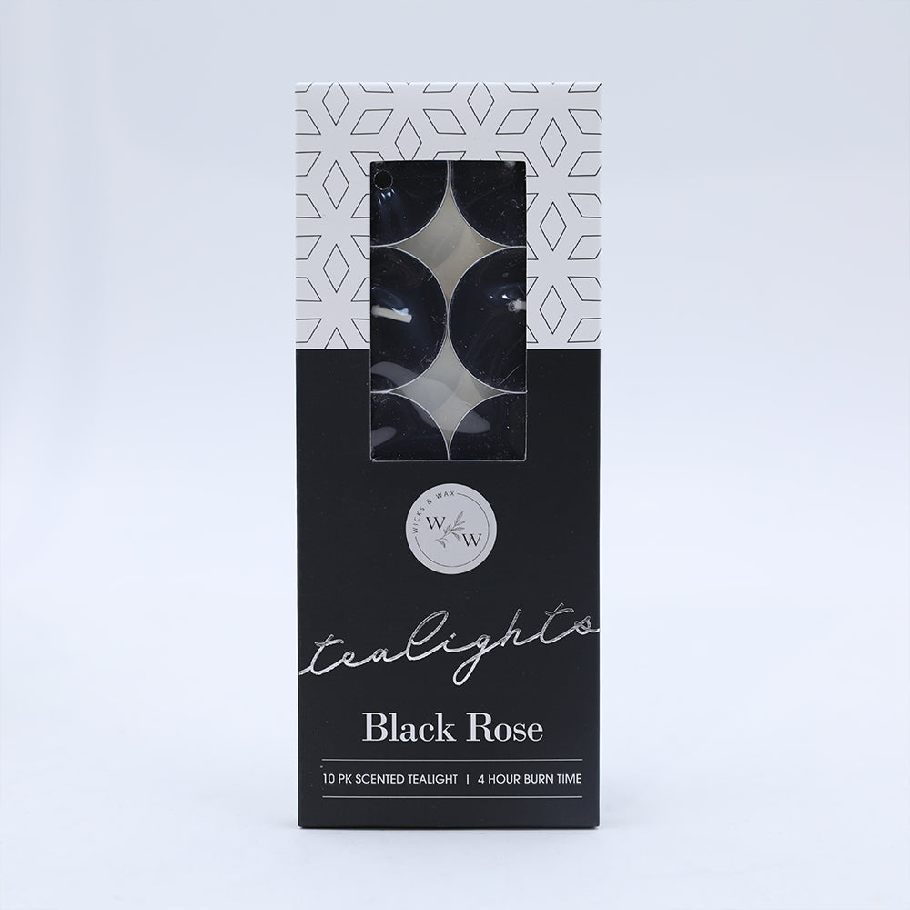 Black Rose scent; pack of 10 tealights; black and white patterned box; clear window showing tealights inside; 4 hour burn time noted on packaging;