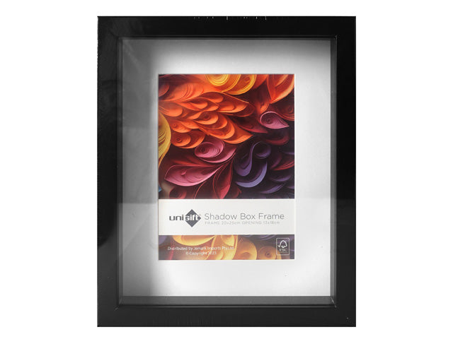 matte black rectangular frame; glass front panel; white inner mat; 20x25cm outer size; 13x18cm photo opening;