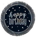 round foil balloon; black centre with silver prismatic text; silver prismatic dots around text; 45cm (18 inch) size;