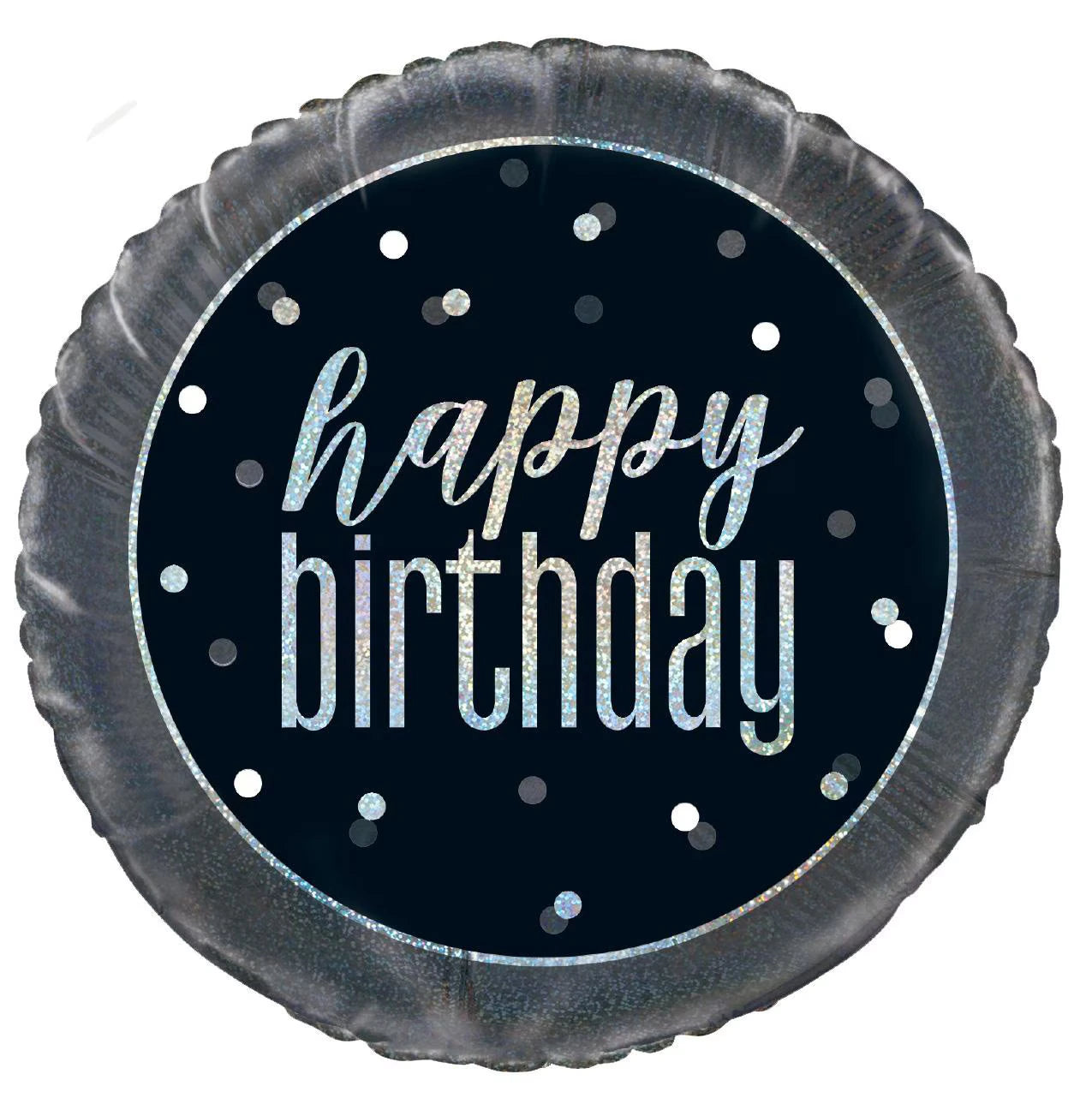 round foil balloon; black centre with silver prismatic text; silver prismatic dots around text; 45cm (18 inch) size;
