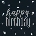 black background; silver "happy birthday" text; scattered silver and white dots; square shape; paper material;