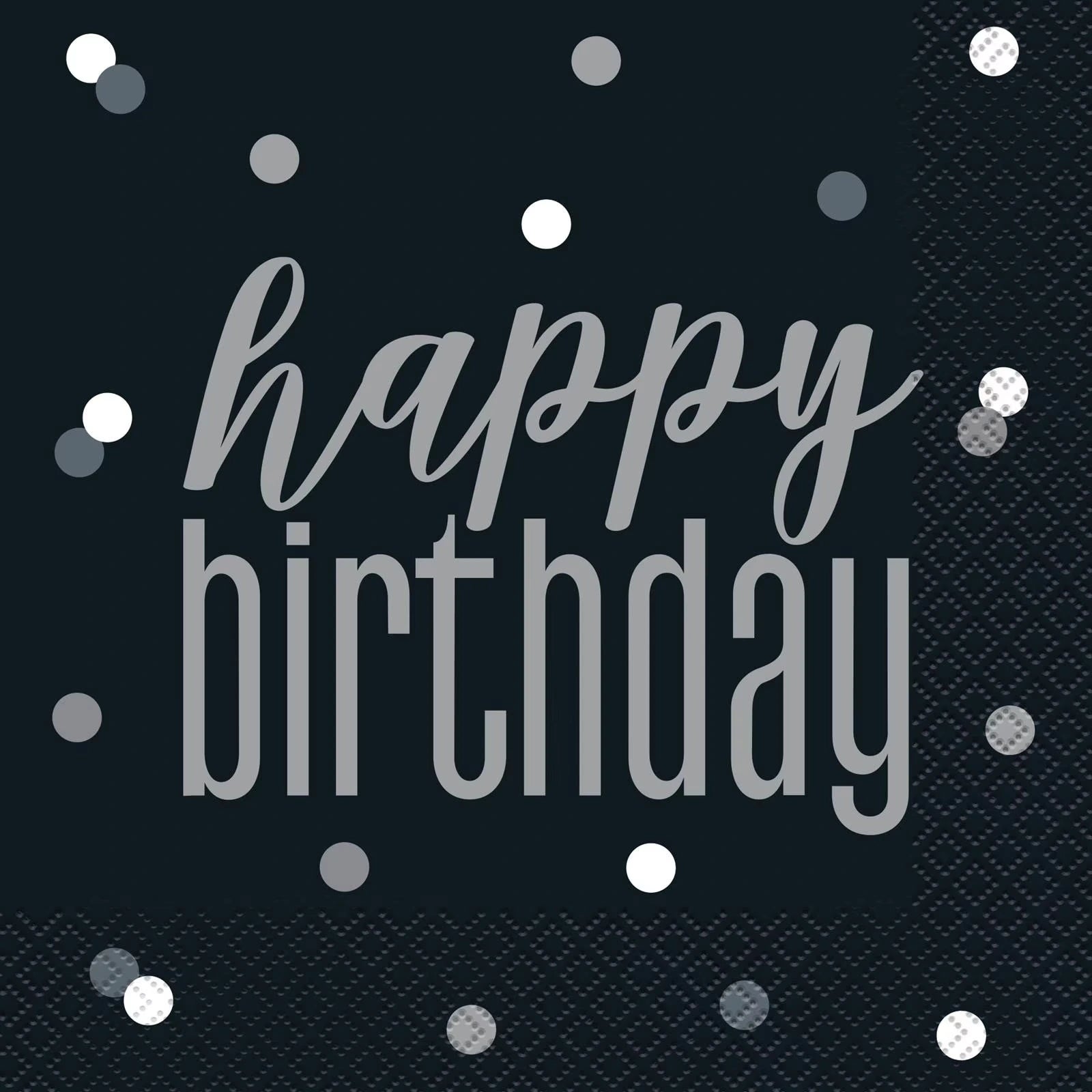 black background; silver "happy birthday" text; scattered silver and white dots; square shape; paper material;