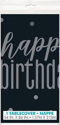 black background; silver text saying 'happy birthday'; rectangular shape; plastic material;