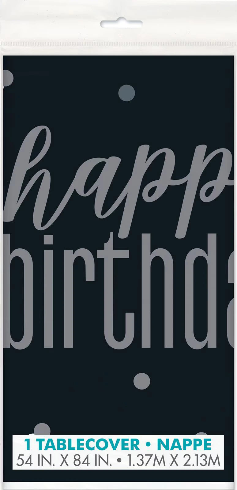 black background; silver text saying 'happy birthday'; rectangular shape; plastic material;